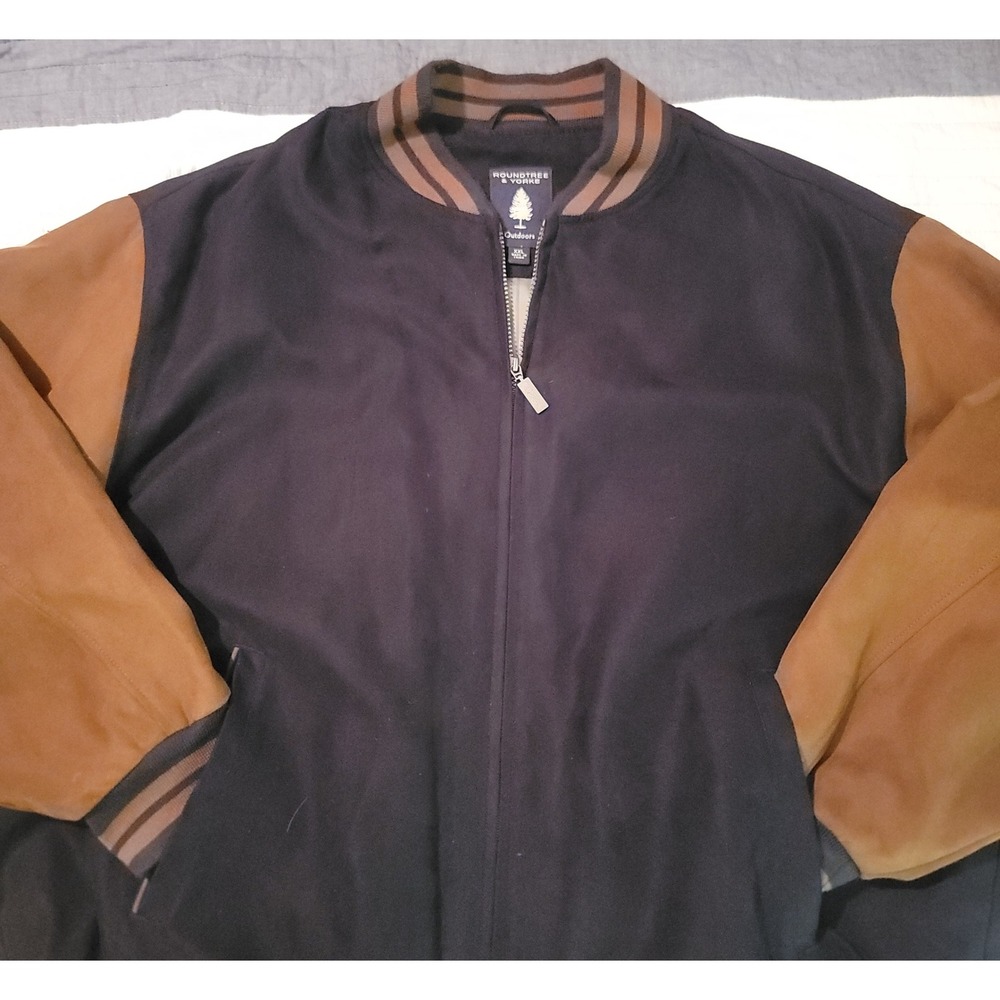 Roundtree & Yorke Outdoors Mens Bomber Jacket Navy Brown All Weather Size XXL